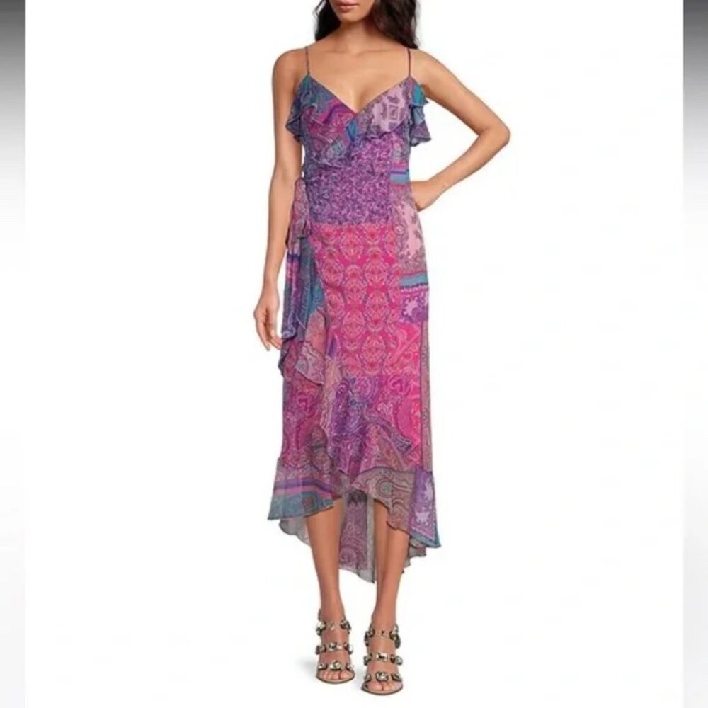 Gianni Bini x DANNIJO Wrap Dress Isabella Printed V-Neck Ruffle Chiffon S - Picture 2 of 15